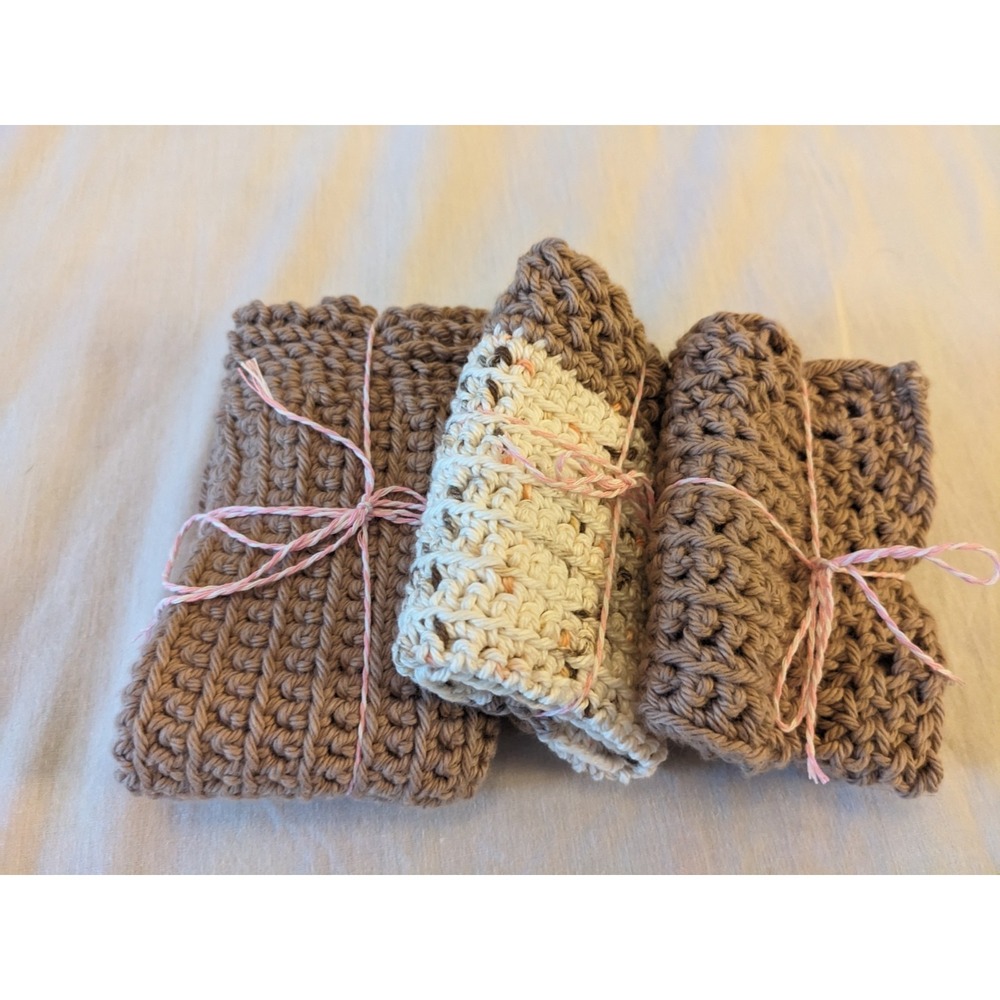 Handmade "Coffee And Cream" Brand New Washcloths/Dishcloths Lot Of 3